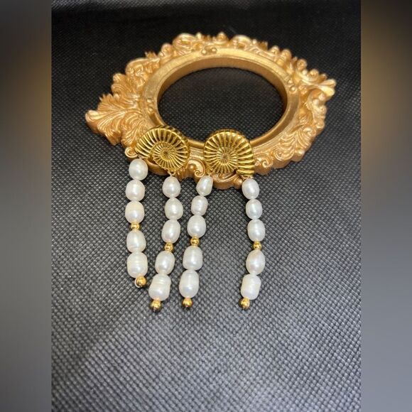 Gold Plated Stainless Steel Nautilus Pearl Drop Earring - Picture 12 of 14